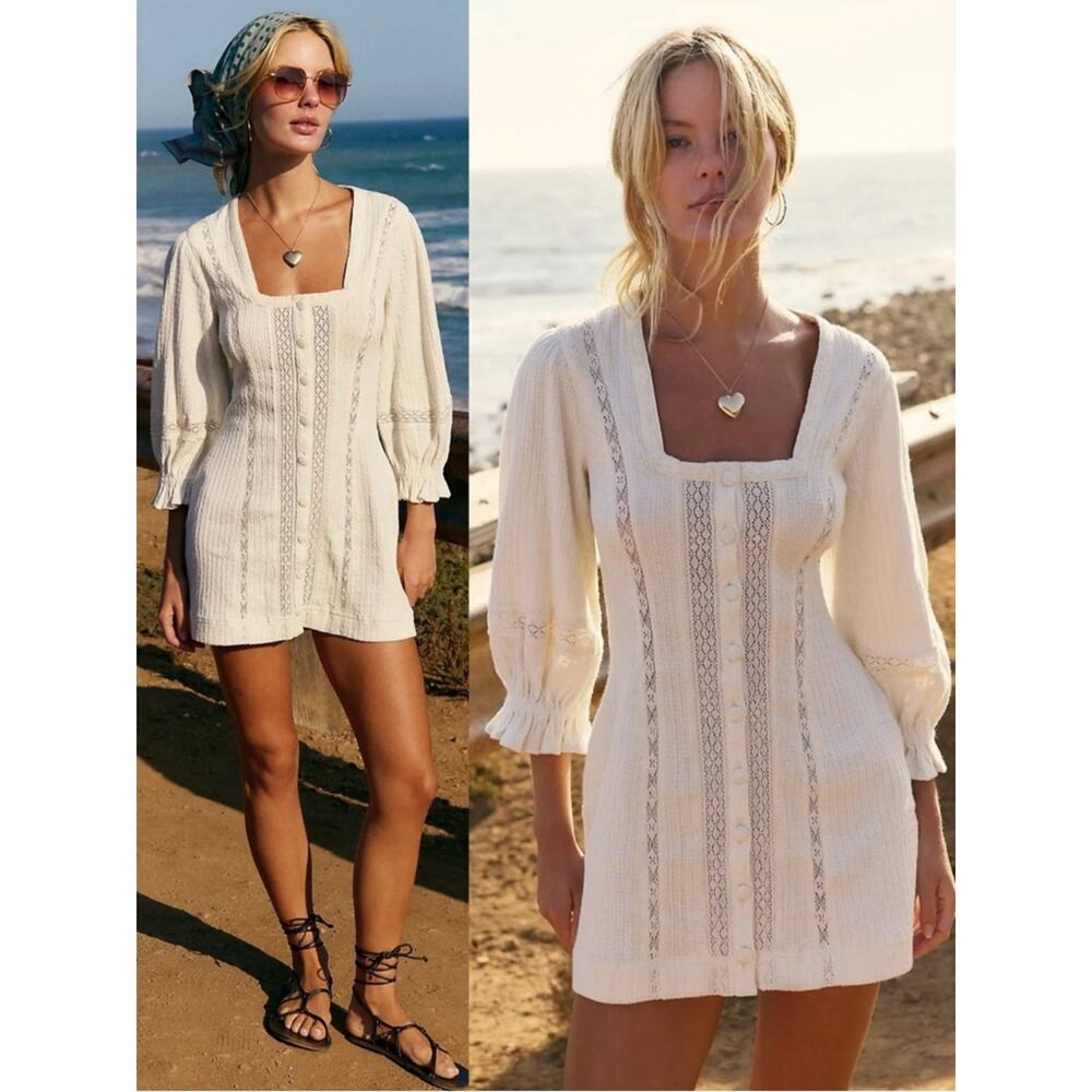 Free People Bohemian Cottage 70s Lace Jules Mini Dress in Coconut Milk Large NWT